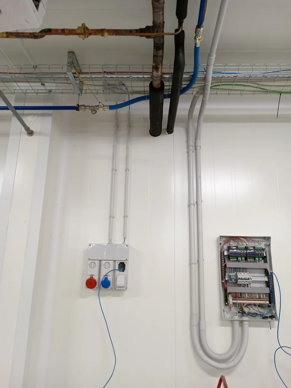 Compressed air drops and small wall-mounted control panel in the processing room