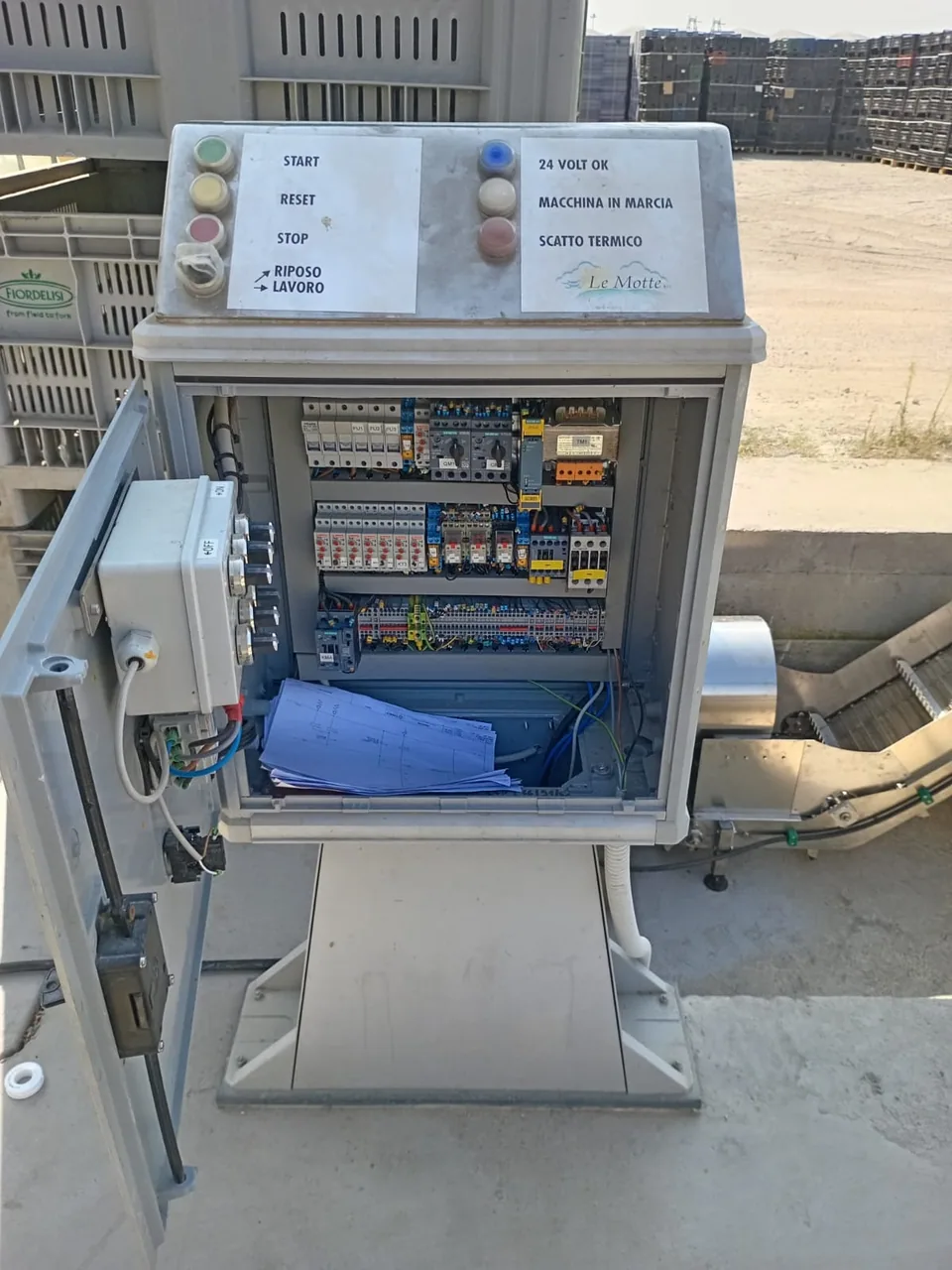 System control panel with labelled pushbuttons and visible electrical components