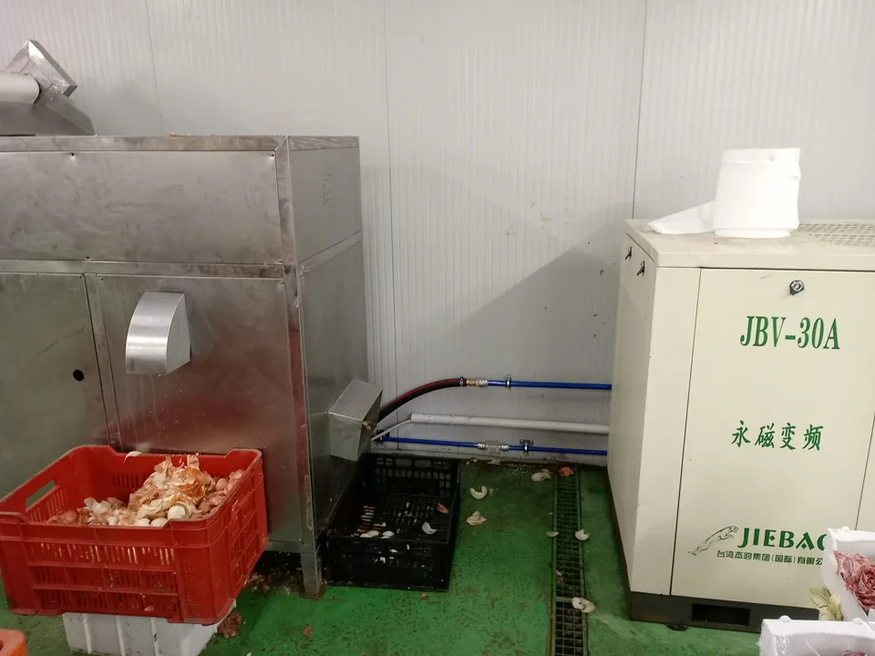Onion peeler connected to the new compressed air line in aluminium pipe